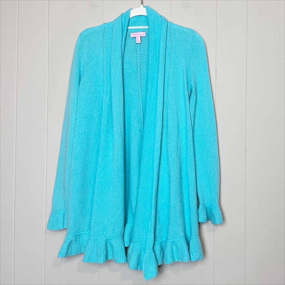 Lilly‎ Pulitzer 100% Cashmere Turquoise Ruffle Cardigan Small open front sweater - Picture 2 of 9